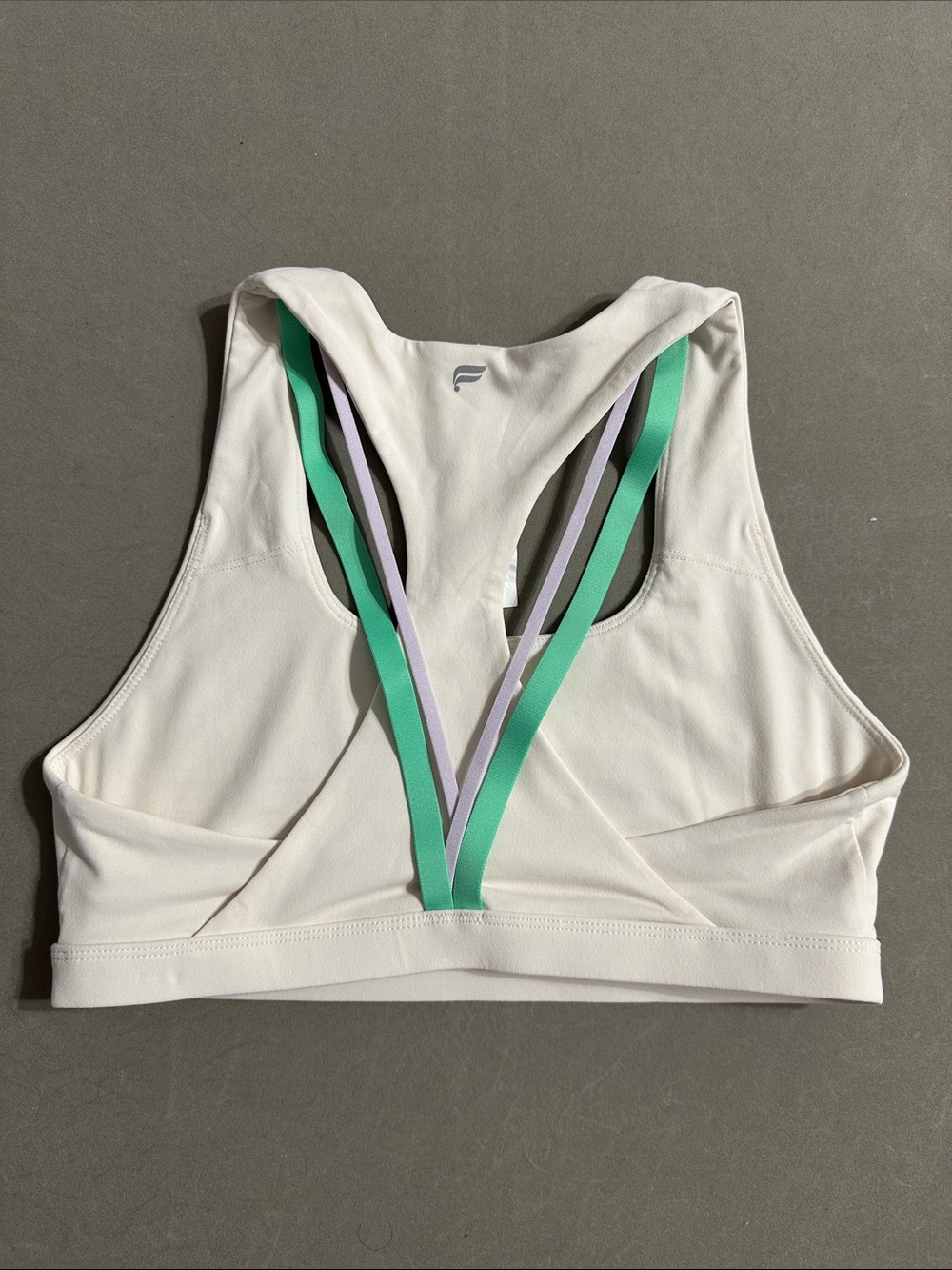 Fabletics White Sports Bra with Mint Green and Lavender Straps